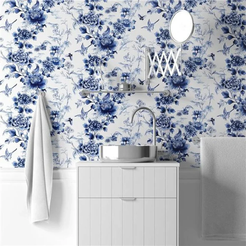 Peel and Stick Wallpaper Blue Flower White Design Self Adhesive Wall Paper